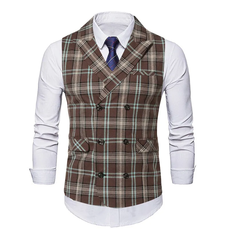 Red Plaid Suit Vest Men's Vintage Double Breasted Waistcoat Steampunk Clothing Men's Terno Masculino Slim Uniform Vest