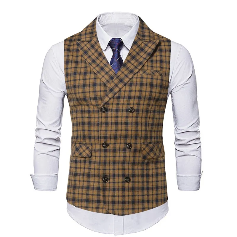 Red Plaid Suit Vest Men's Vintage Double Breasted Waistcoat Steampunk Clothing Men's Terno Masculino Slim Uniform Vest