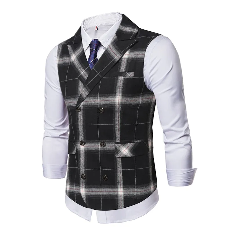 Red Plaid Suit Vest Men's Vintage Double Breasted Waistcoat Steampunk Clothing Men's Terno Masculino Slim Uniform Vest