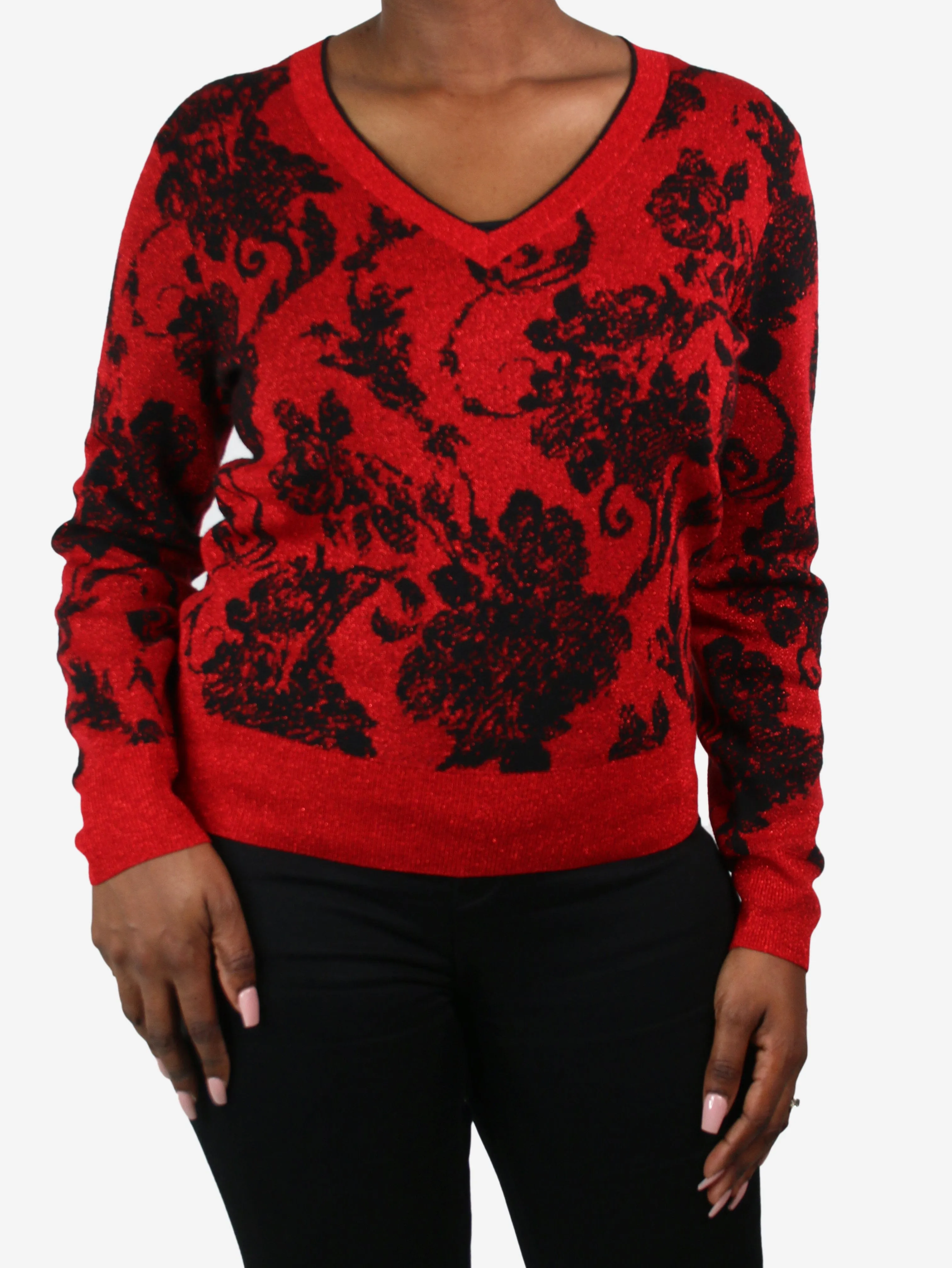 Red sparkly floral v-neck sweater - size M