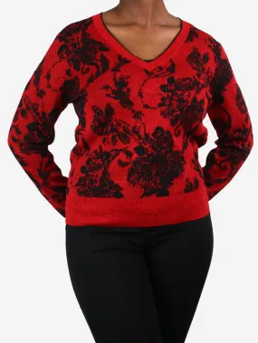 Red sparkly floral v-neck sweater - size M