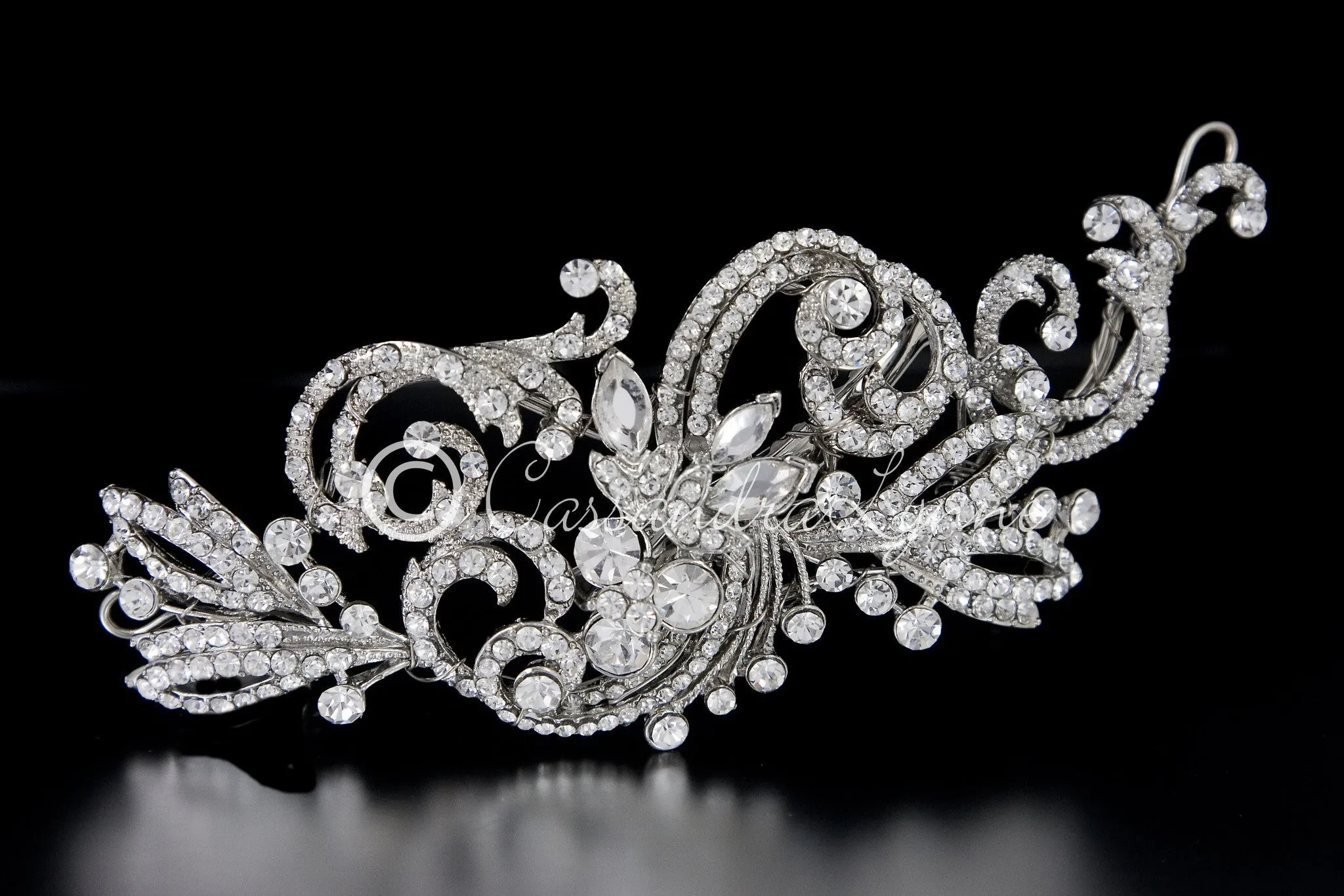 Rhodium Wedding Hair Clip of Scrolls and Marquise Jewels