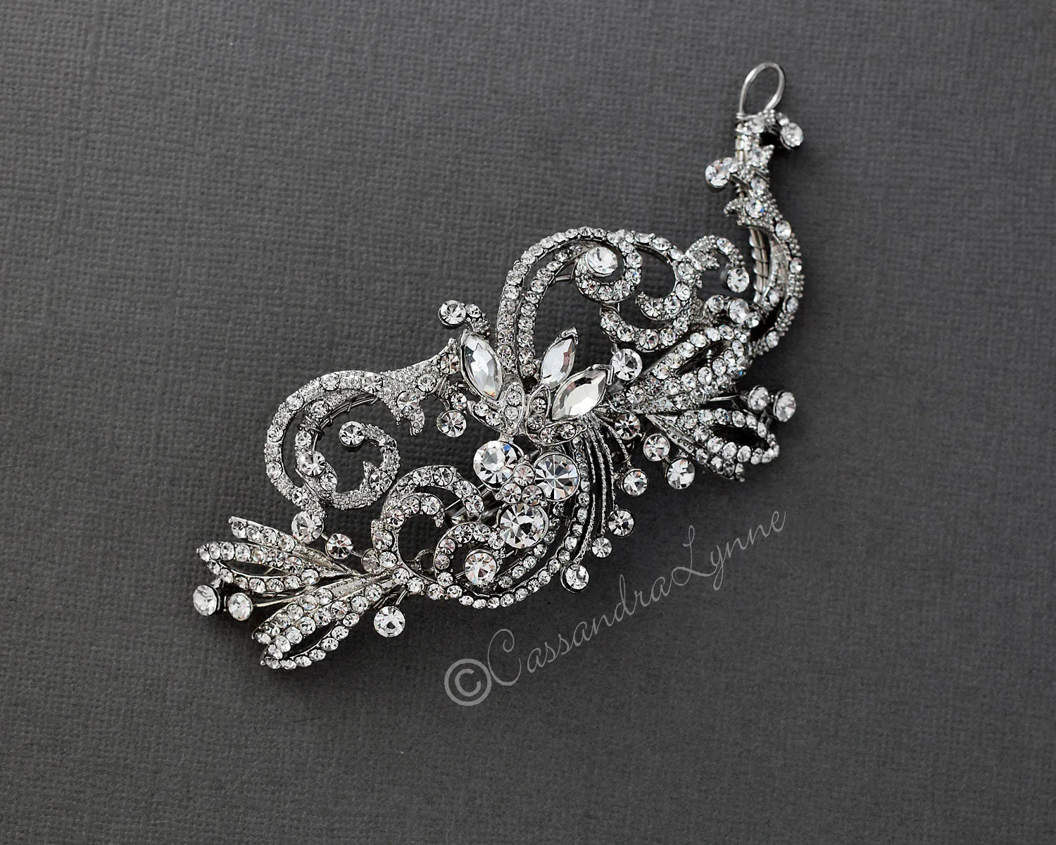 Rhodium Wedding Hair Clip of Scrolls and Marquise Jewels