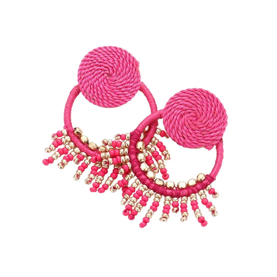 Rope Wrapped Beaded Fringe Open Circle Earrings