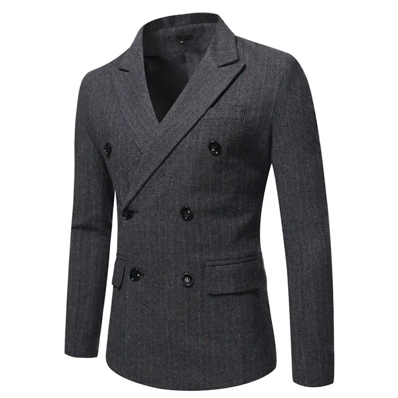 Saco Hombre Elegante Men's Suits Jackets Vintage Double Breasted Plaid Dress Coat Classique Homme