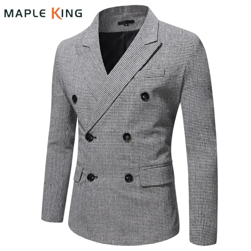 Saco Hombre Elegante Men's Suits Jackets Vintage Double Breasted Plaid Dress Coat Classique Homme