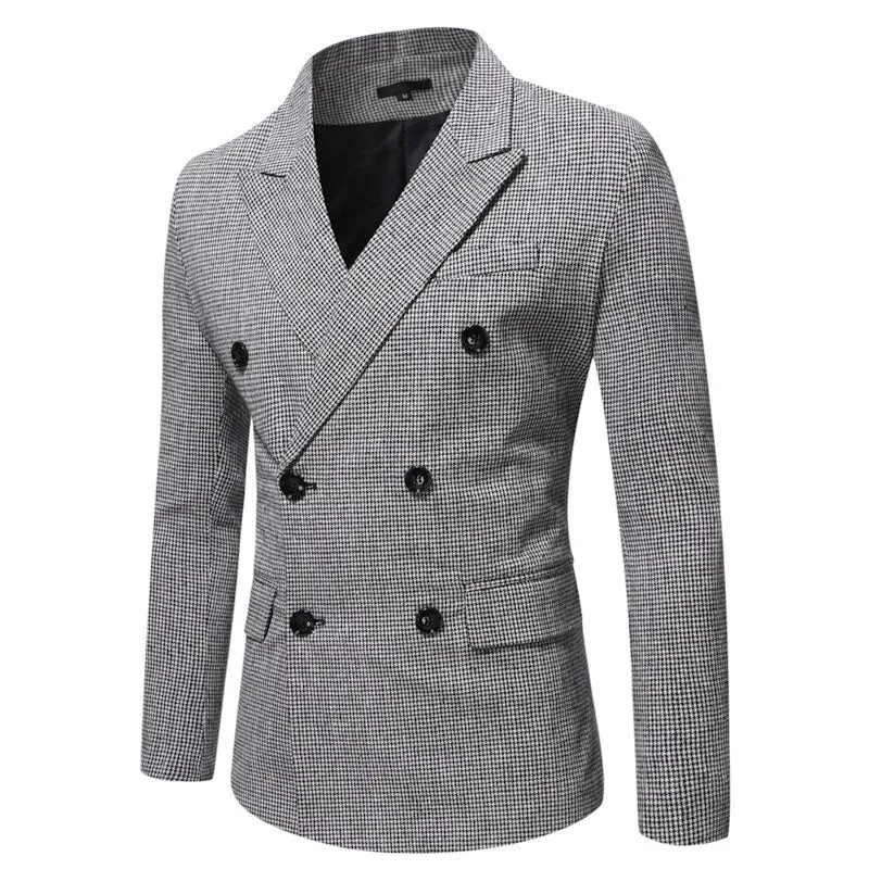 Saco Hombre Elegante Men's Suits Jackets Vintage Double Breasted Plaid Dress Coat Classique Homme