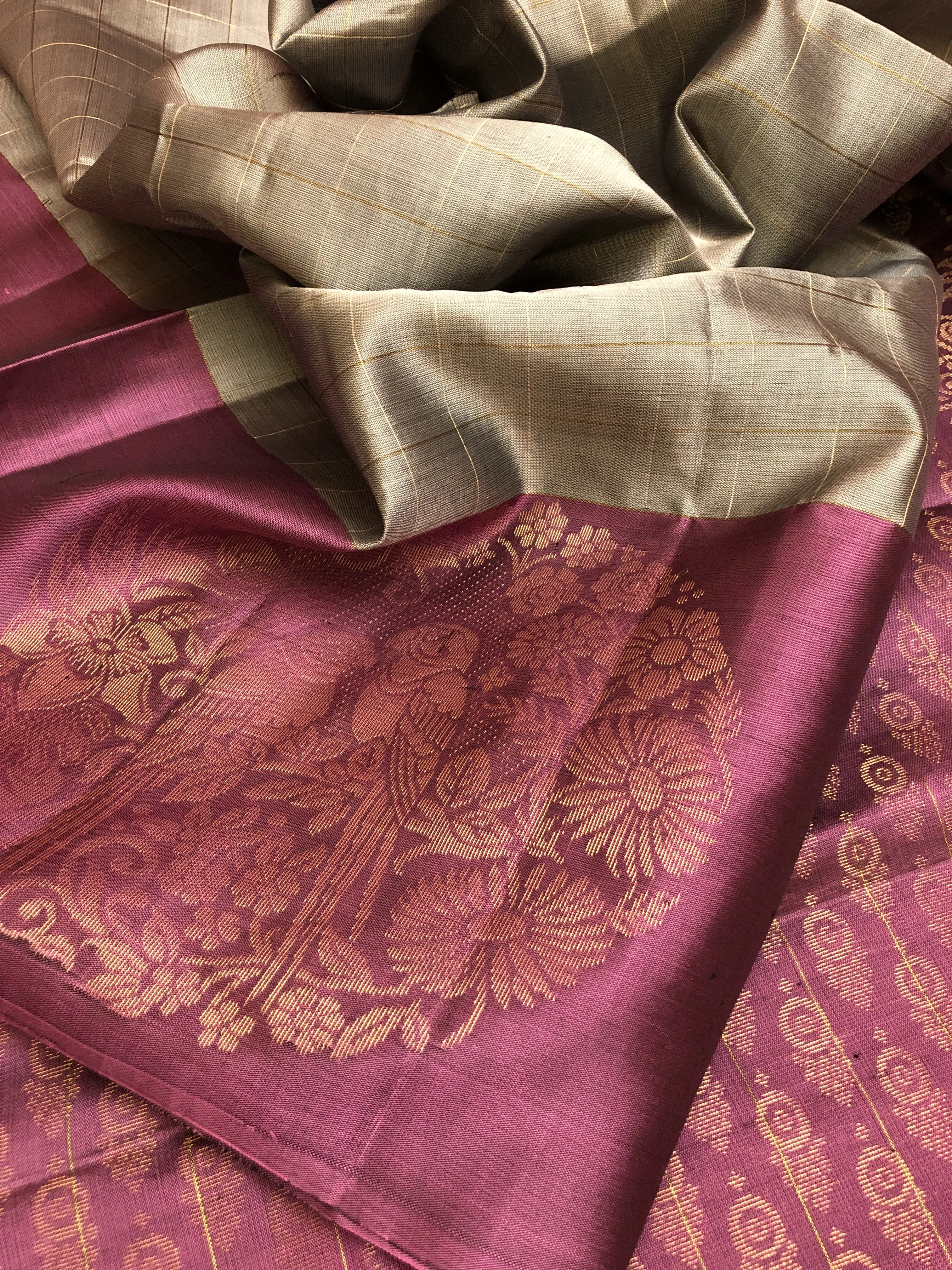 Steel Gray and Magenta Color Soft Kanchipuram Silk Saree with Checks