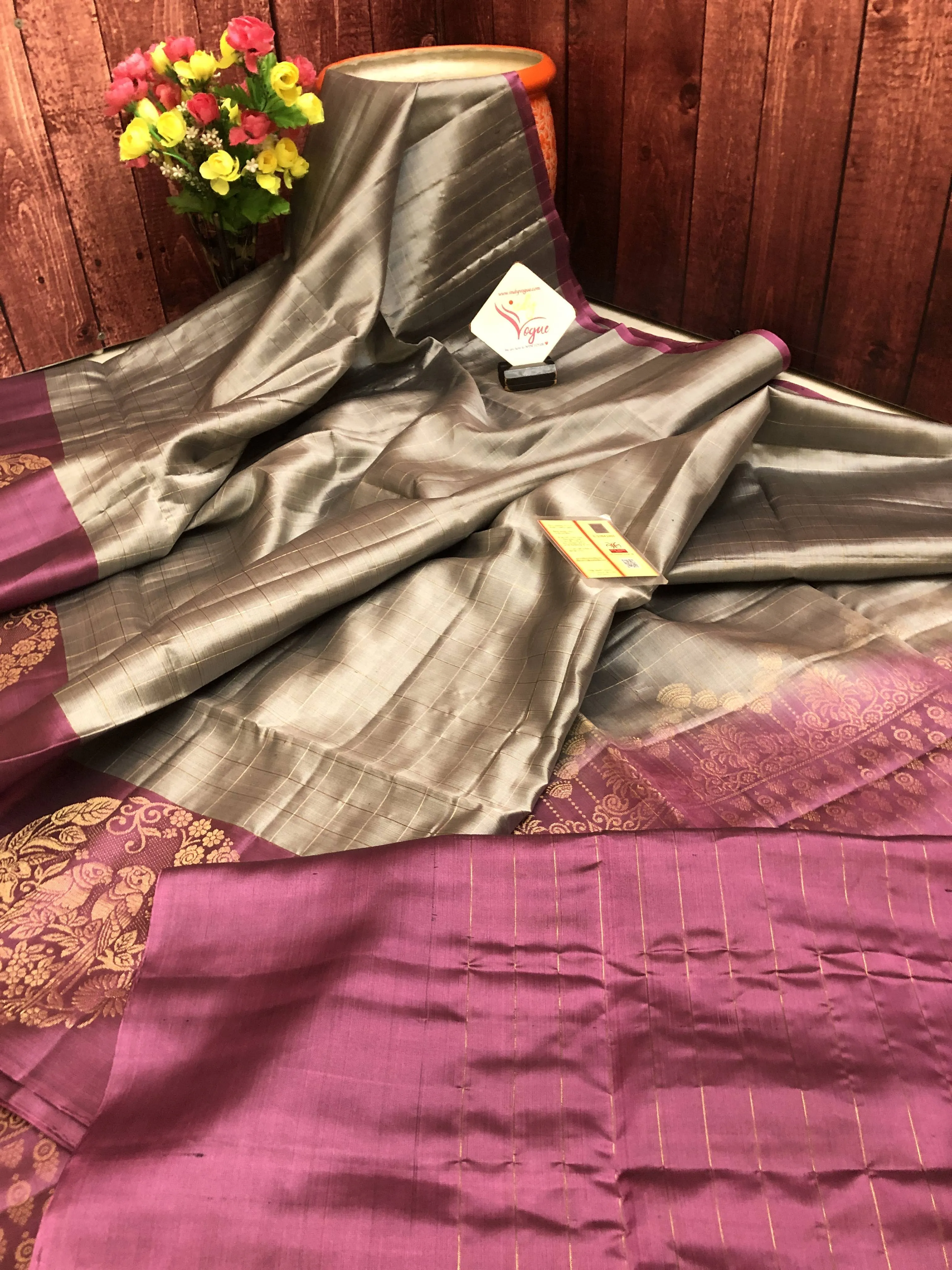 Steel Gray and Magenta Color Soft Kanchipuram Silk Saree with Checks