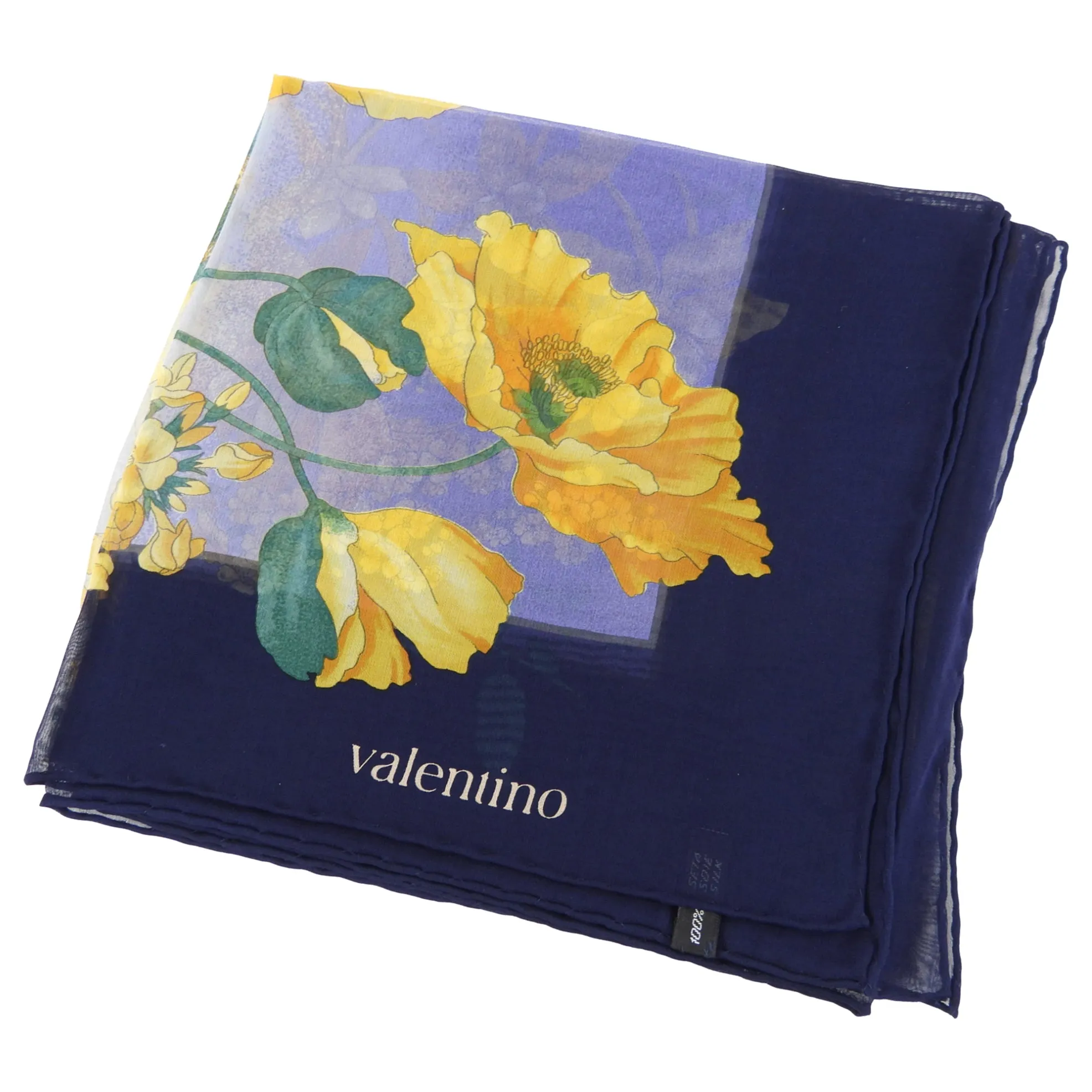 Valentino Vintage Blue and Yellow Silk Chiffon Sheer Floral Scarf