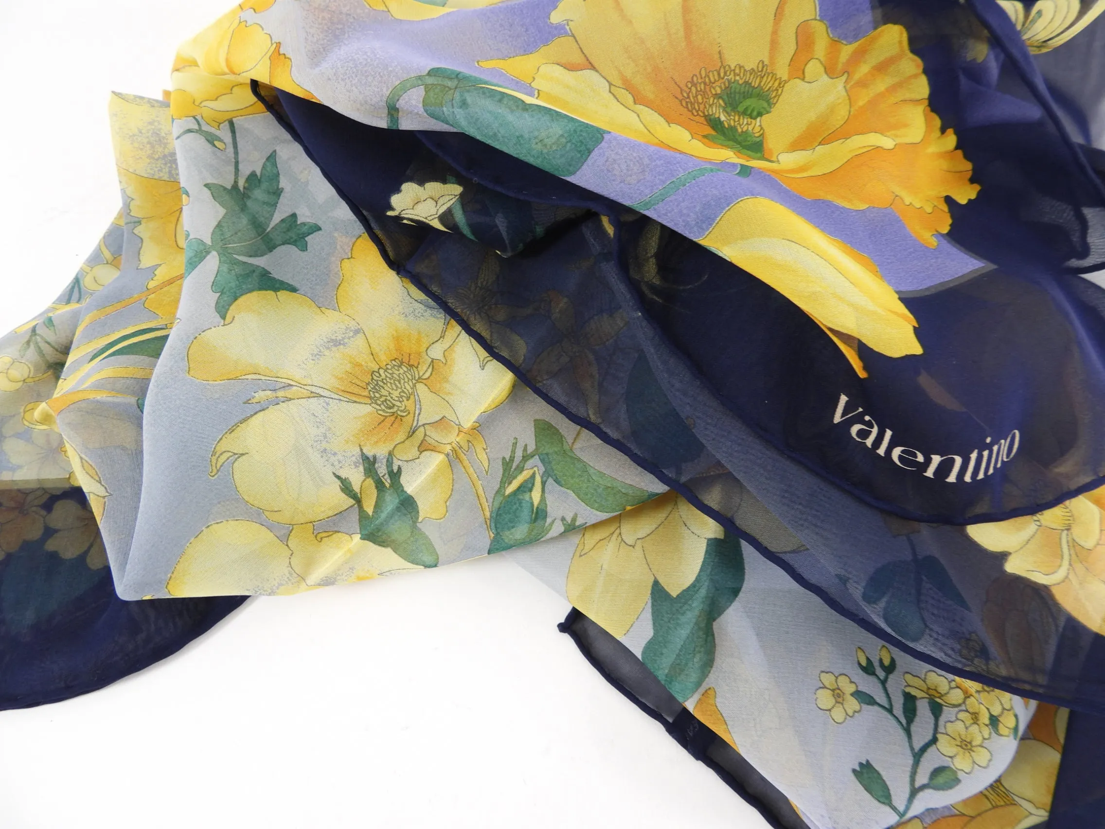 Valentino Vintage Blue and Yellow Silk Chiffon Sheer Floral Scarf