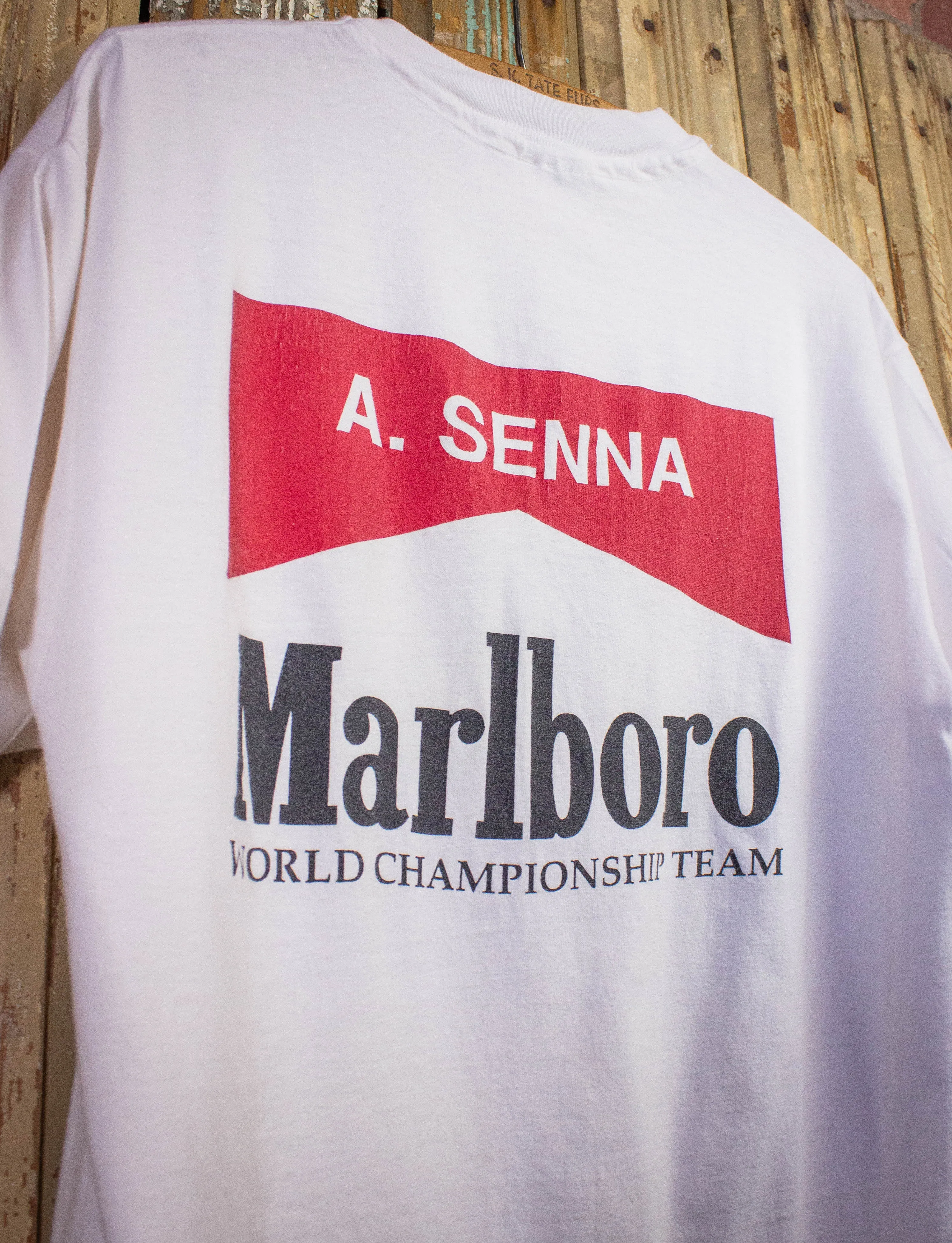 Vintage Ayrton Senna Marlboro F1 Racing Graphic T Shirt 90s White Large