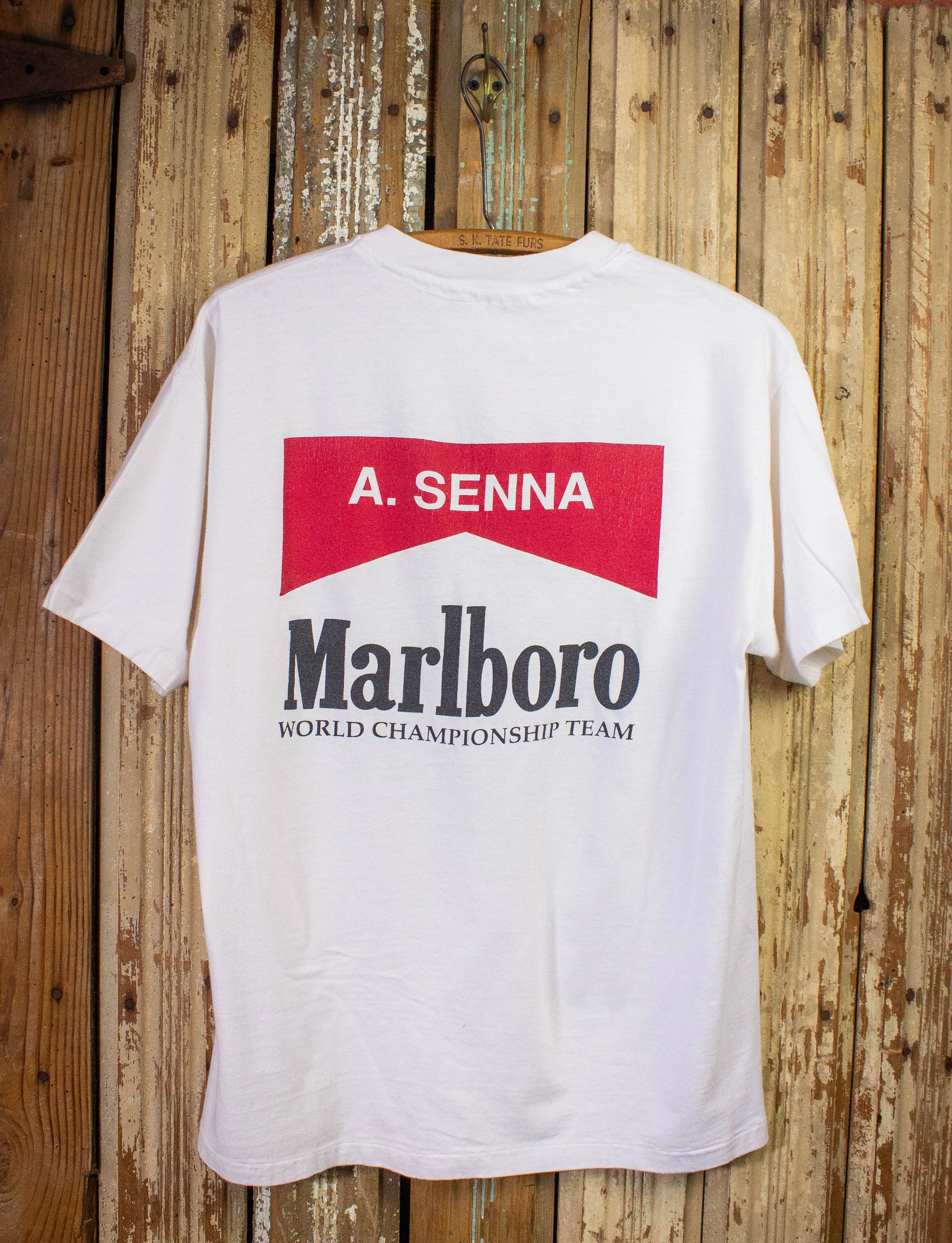 Vintage Ayrton Senna Marlboro F1 Racing Graphic T Shirt 90s White Large