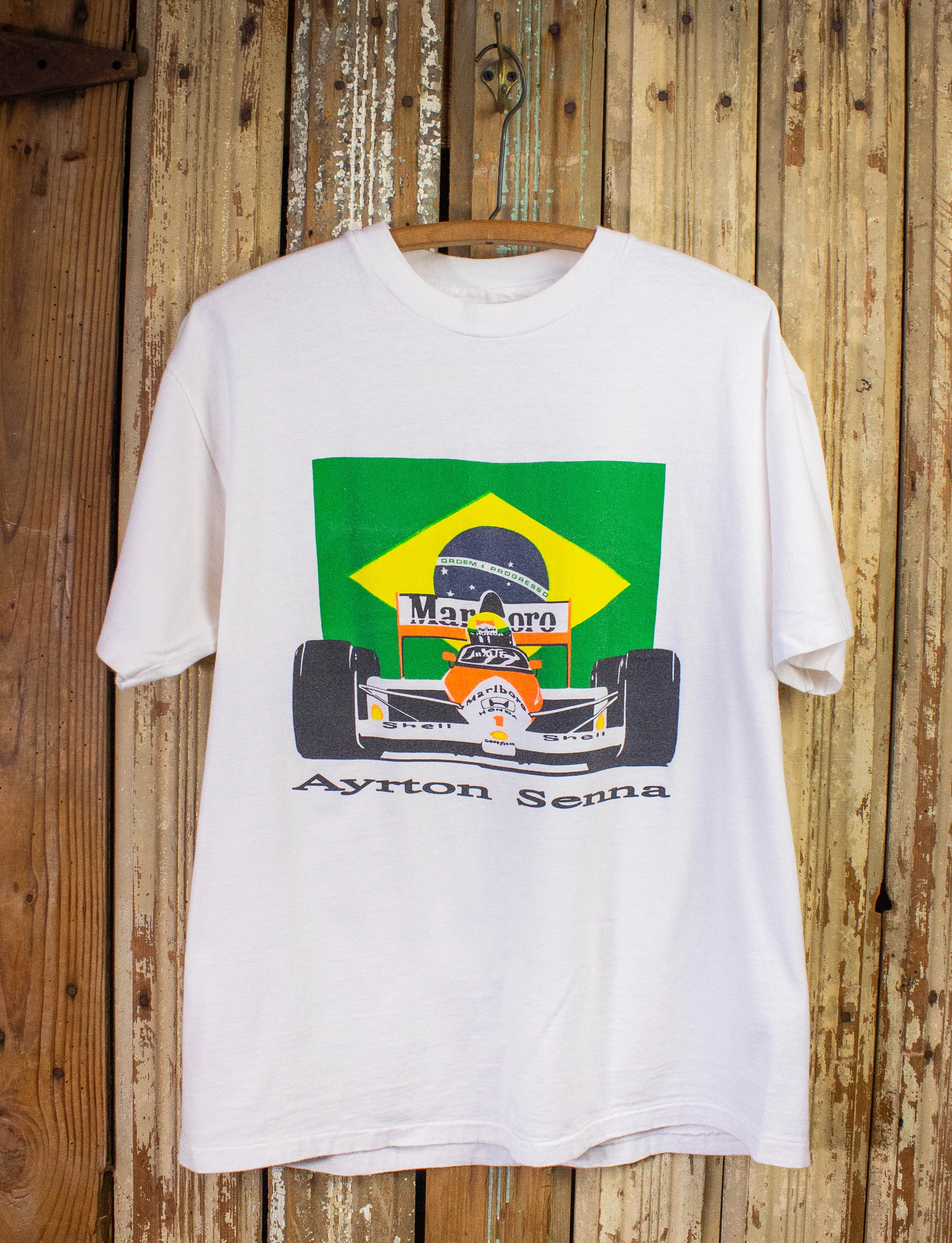 Vintage Ayrton Senna Marlboro F1 Racing Graphic T Shirt 90s White Large