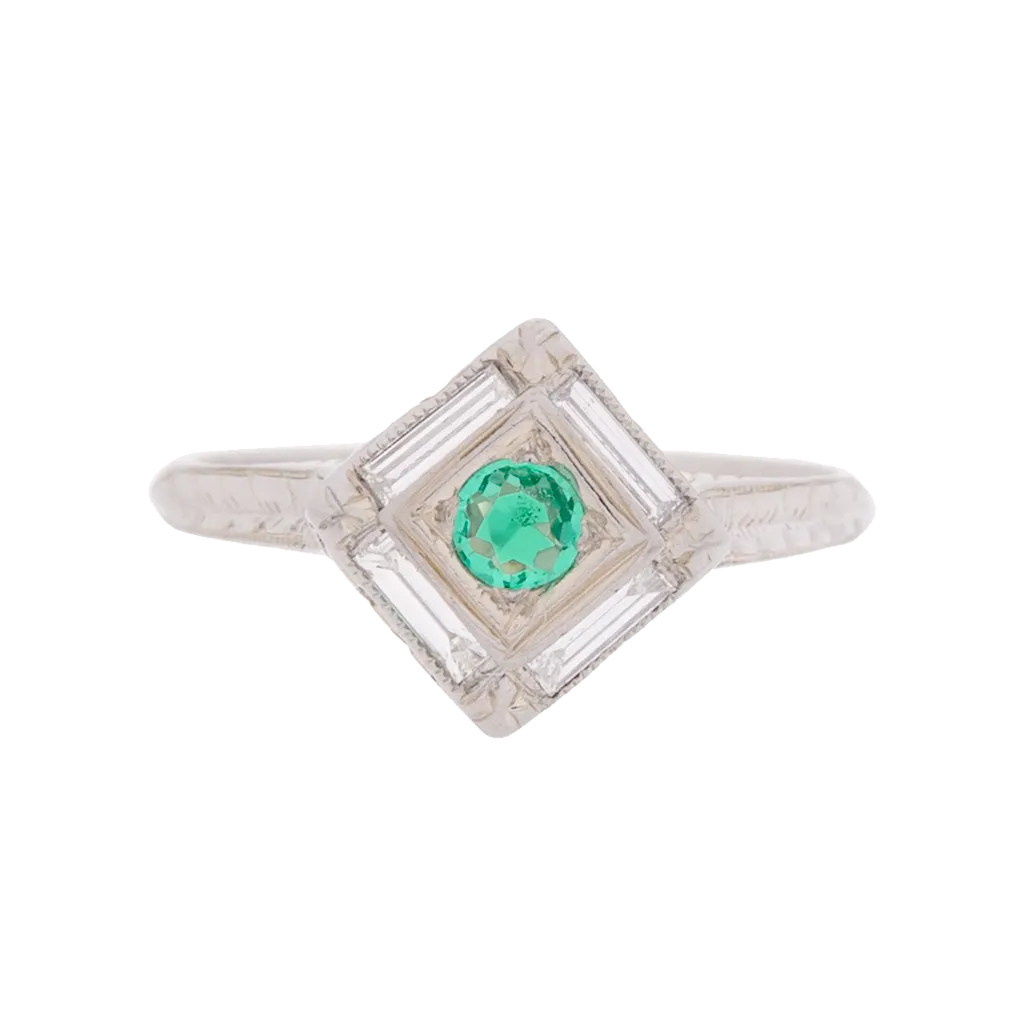 Vintage Emerald Baguette Halo Ring