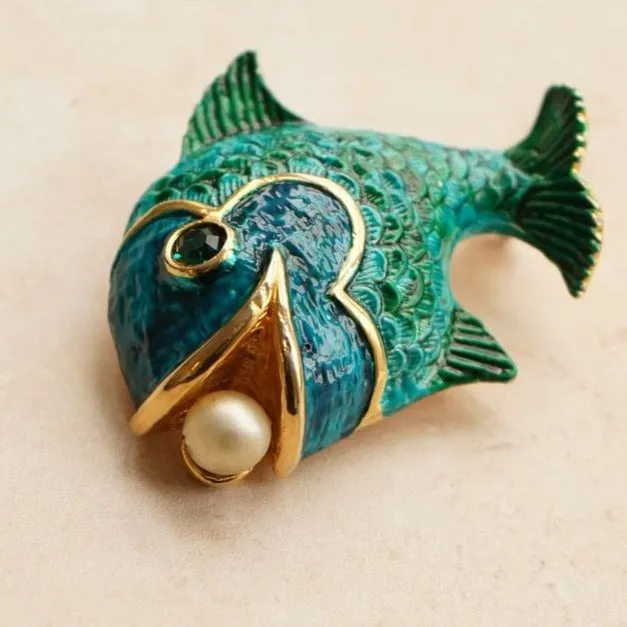 Vintage Ornate Embellished Fish Brooch