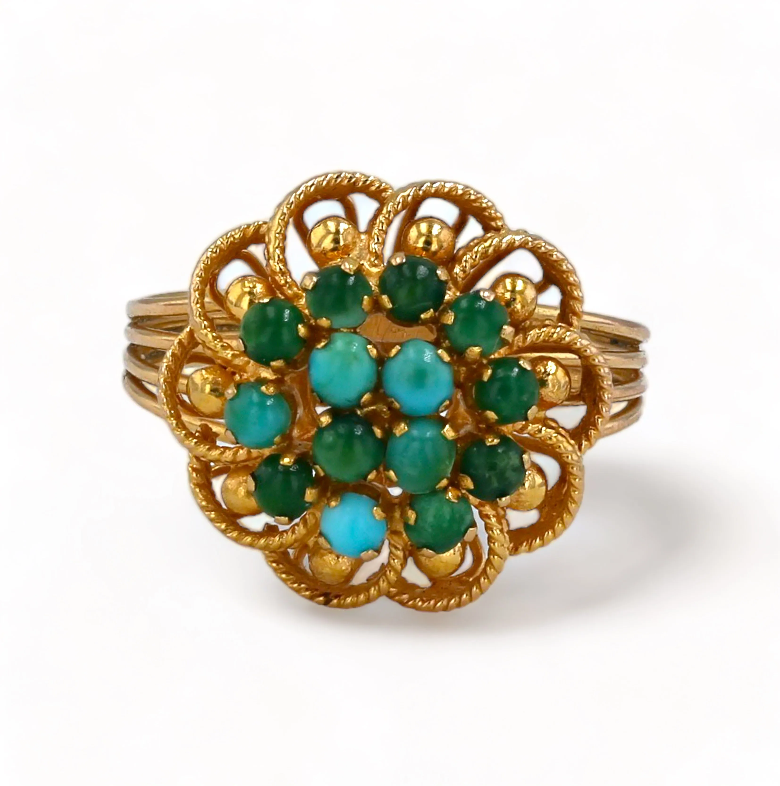 Vintage rosette 18k gold turquoise & Jade ring