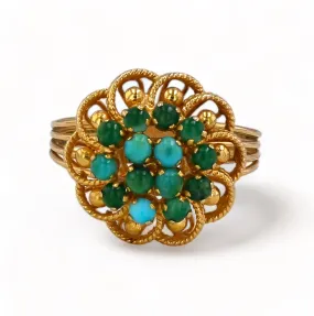 Vintage rosette 18k gold turquoise & Jade ring