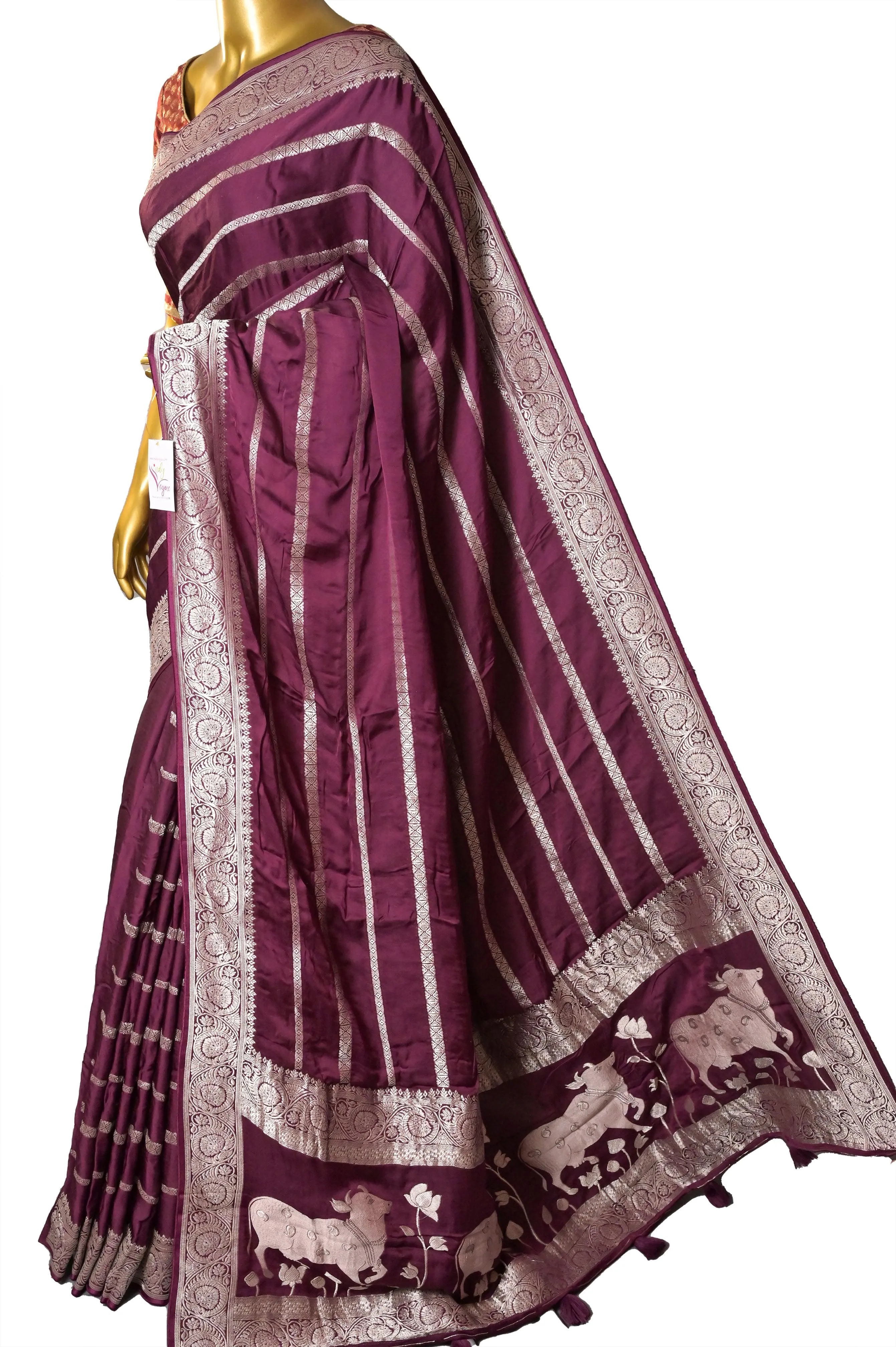 Wine Color Satin Silk Banarasi Saree with Silver Zari Work