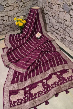 Wine Color Satin Silk Banarasi Saree with Silver Zari Work