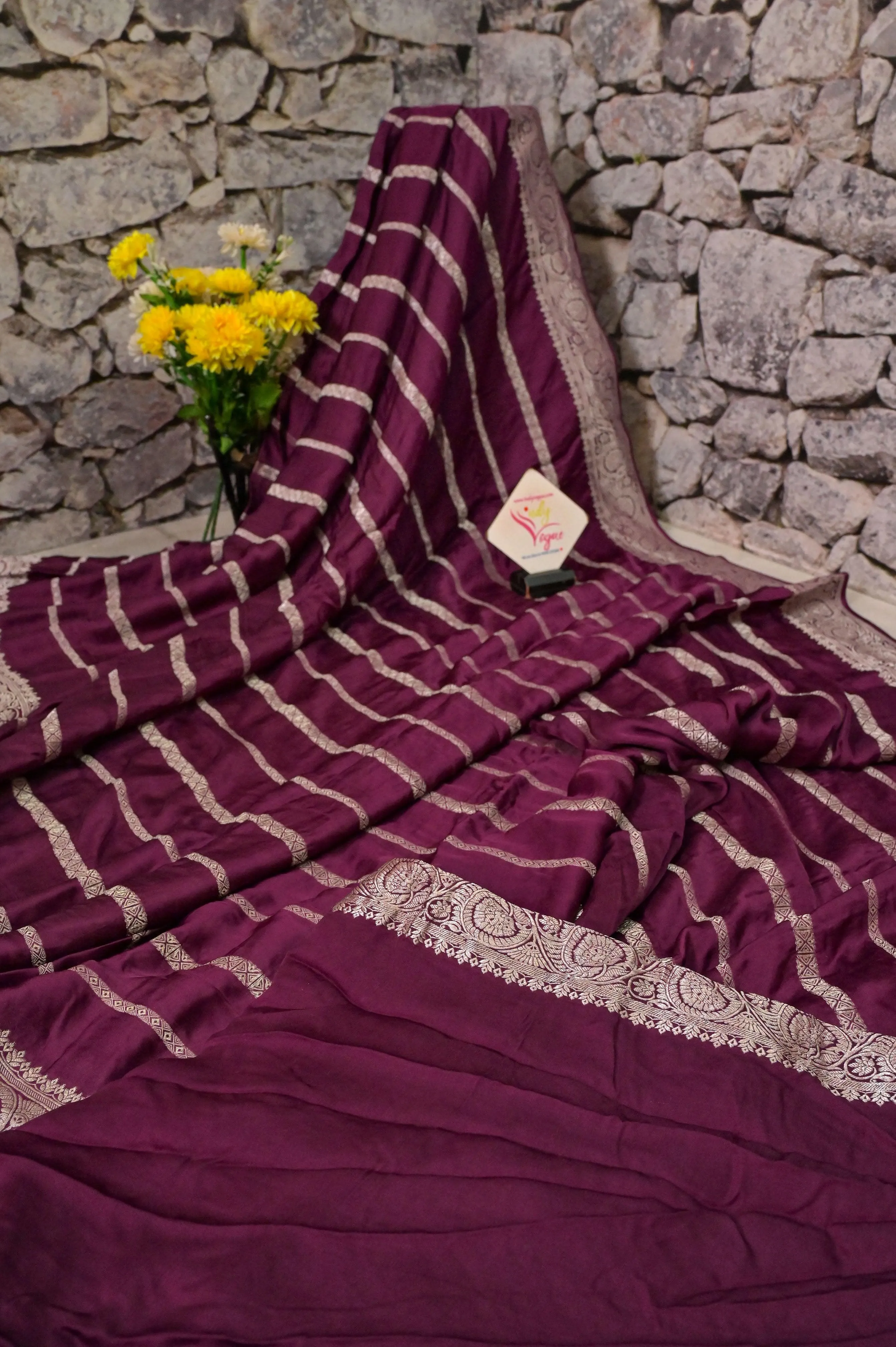 Wine Color Satin Silk Banarasi Saree with Silver Zari Work