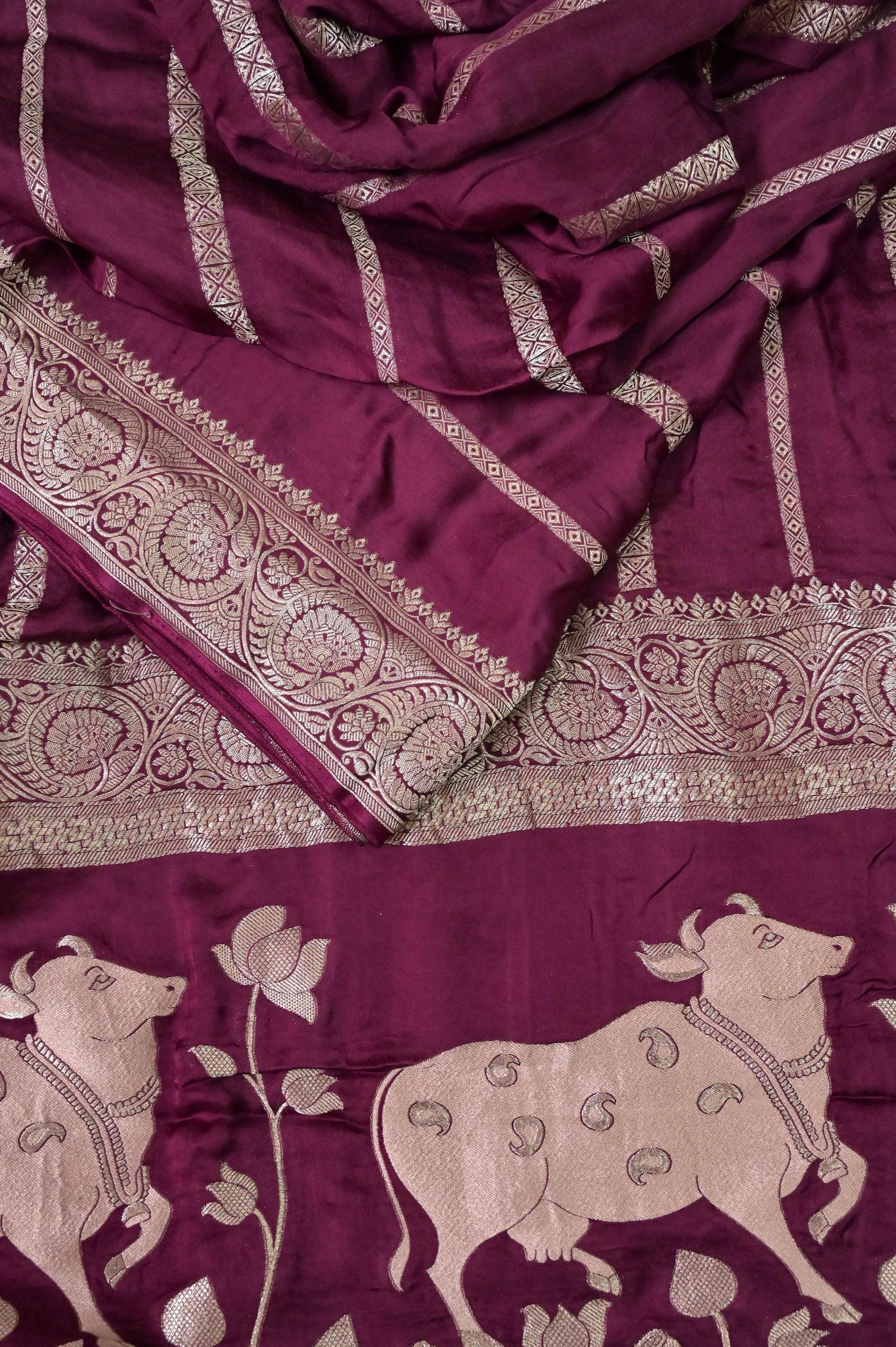 Wine Color Satin Silk Banarasi Saree with Silver Zari Work