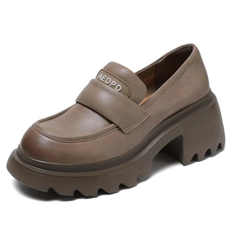 Women Retro Leather Casual Lug Sole Loafers