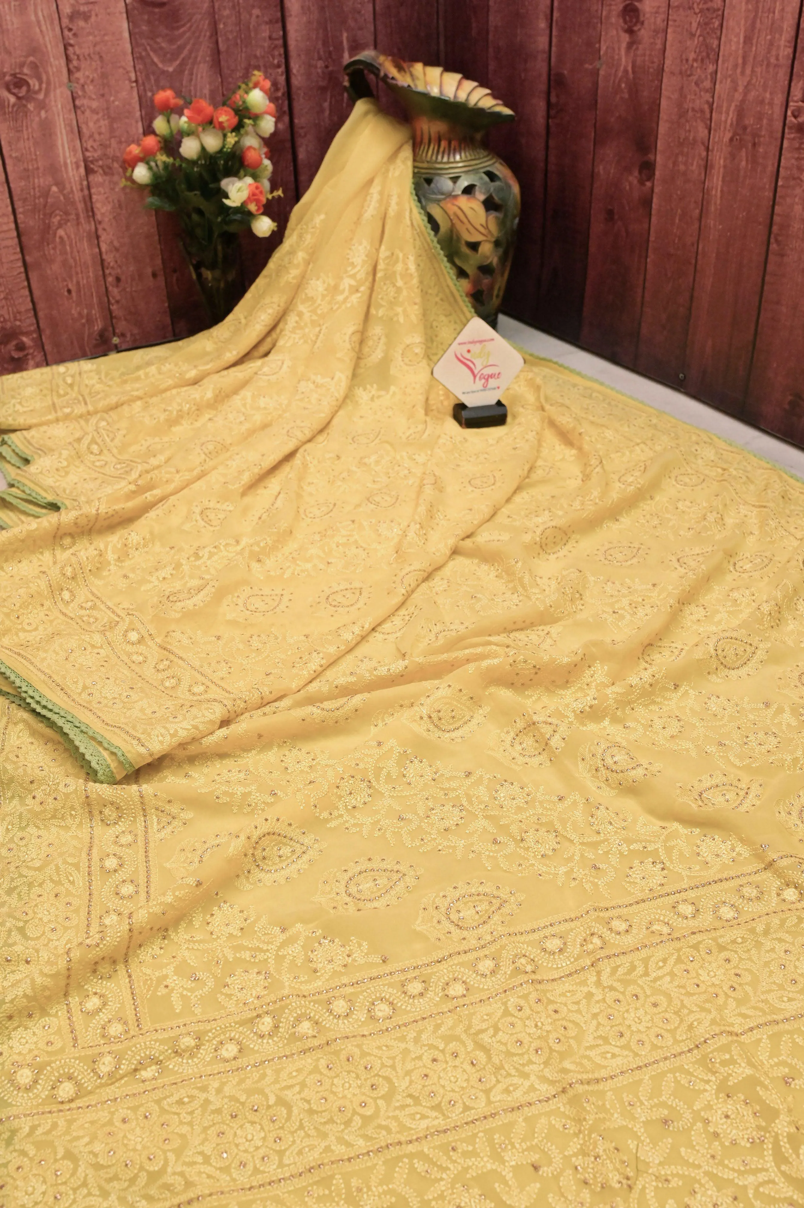 Yellow Color Designer Georgette Saree with Chikankari Embroidery Work