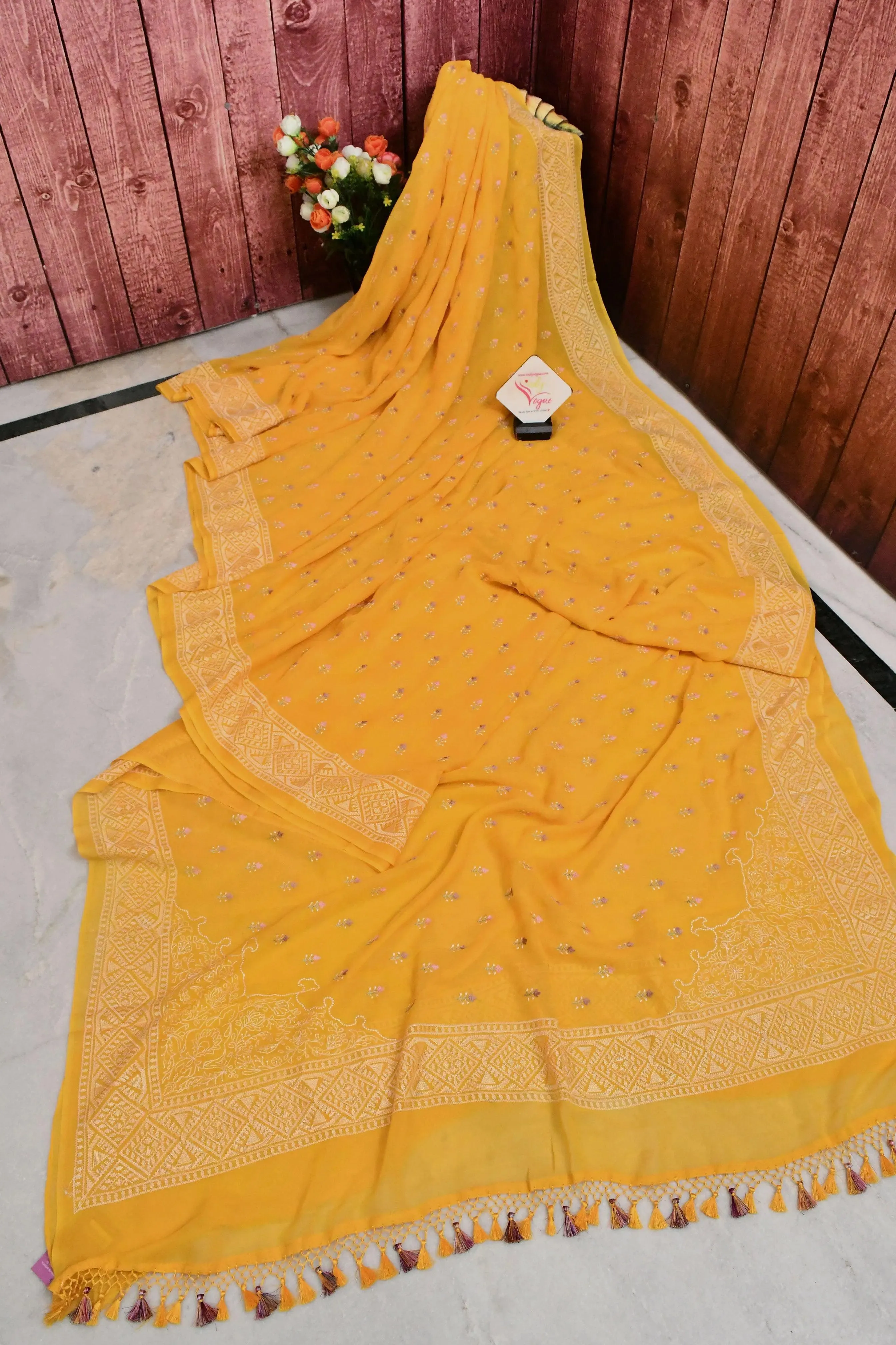 Yellow Color Georgette Saree with Allover Embroidery